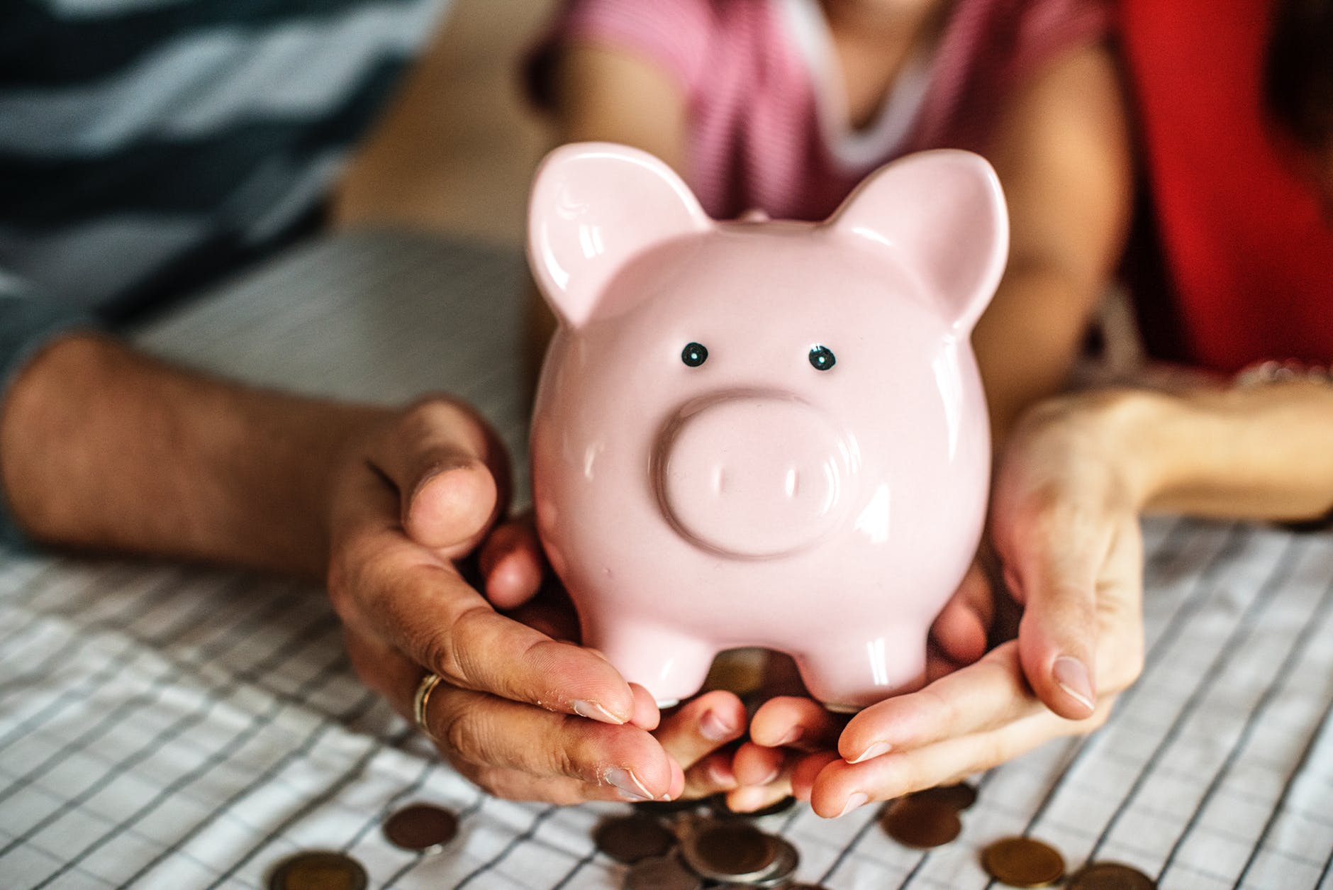 person holding pink piggy coin bank