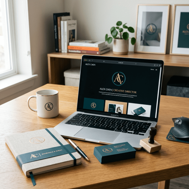 Laptop displaying Alex Chen creative director branding alongside matching notebook, business cards, mug, and stamp on wooden desk